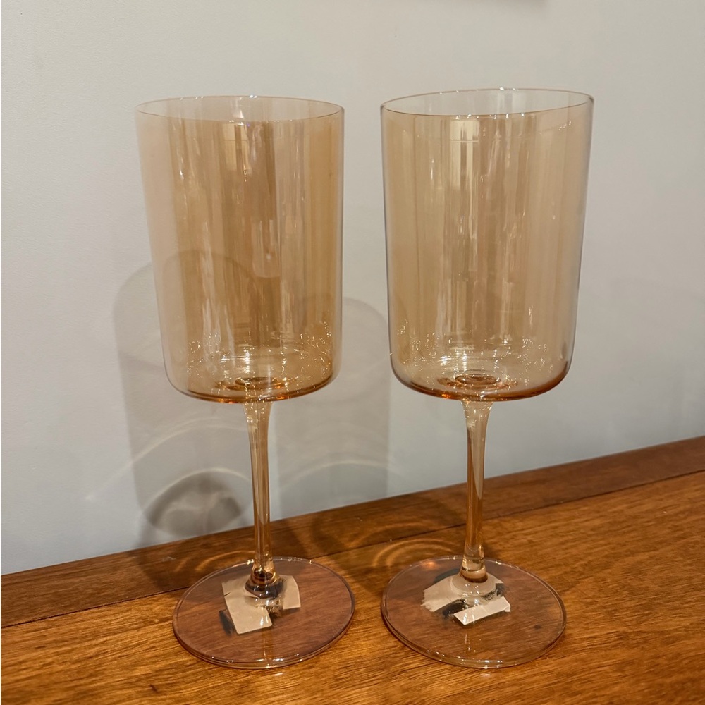 Wine Glasses Set of 2 Amber Glass Modern NEW